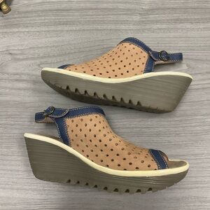 Fly London Women's Size 38  7.5/8 US Peep-Toe Ankle Strap Wedge Sandals